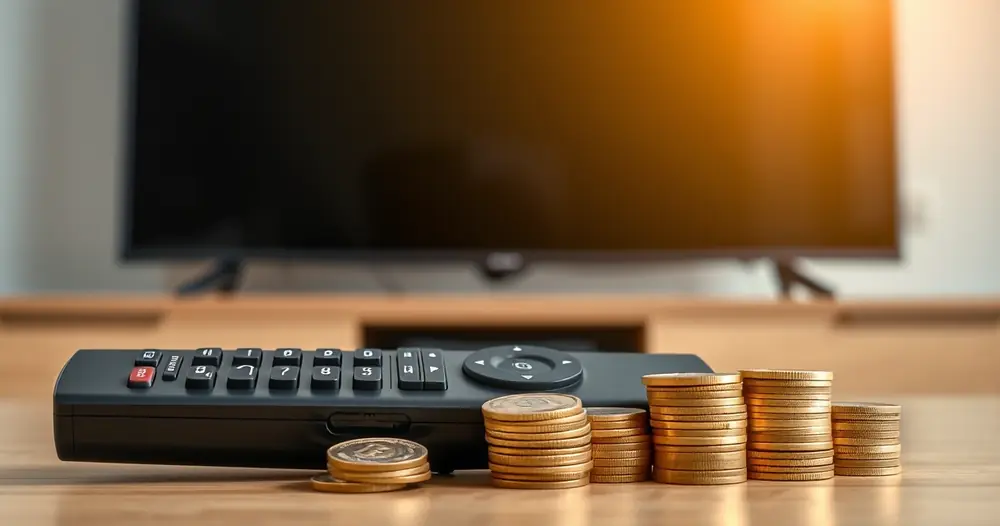 controle remoto e moedas sobre a mesa em frente à televisão