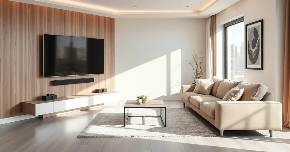 sala de estar com televisão grande na parede e sofá bege