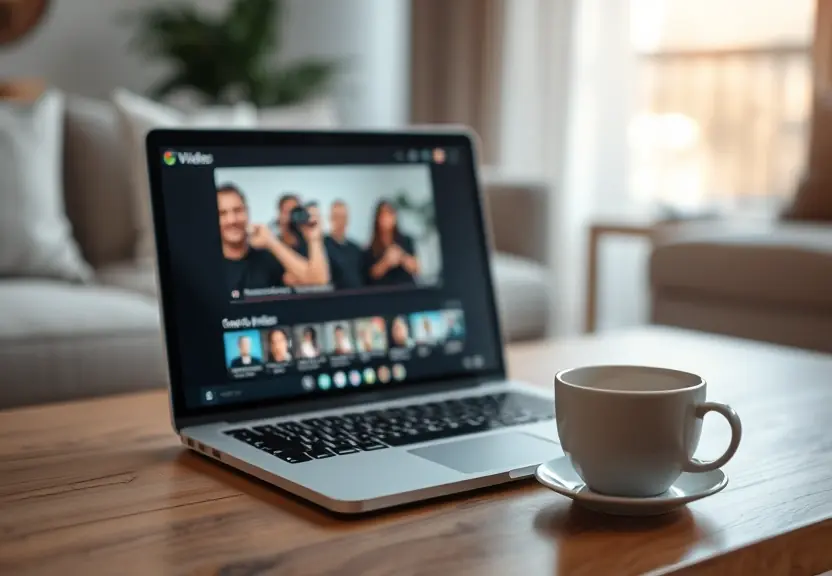 Notebook sobre a mesa de centro exibindo um reprodutor de vídeo, à noite