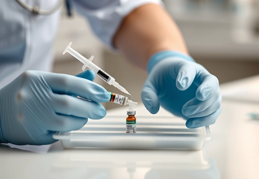 Mãos com luva preparando uma seringa sobre bandeja esterilizada numa clínica