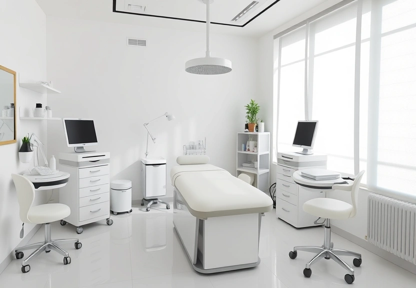 Sala clara de clínica de estética com maca e equipamentos organizados