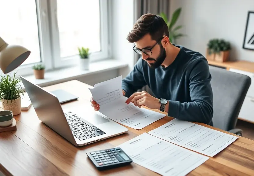 Profissional autônomo conferindo faturas no notebook, com calculadora ao lado
