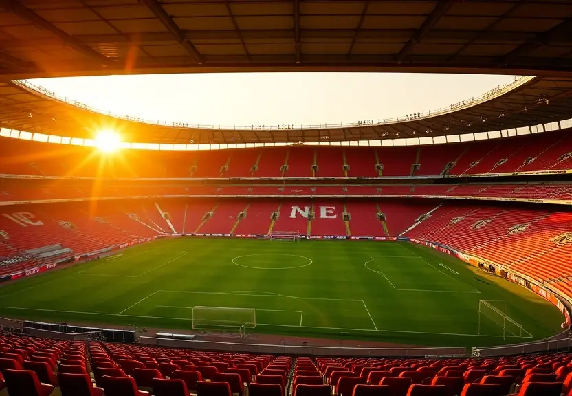 Estádio de futebol vazio visto da arquibancada no fim da tarde
