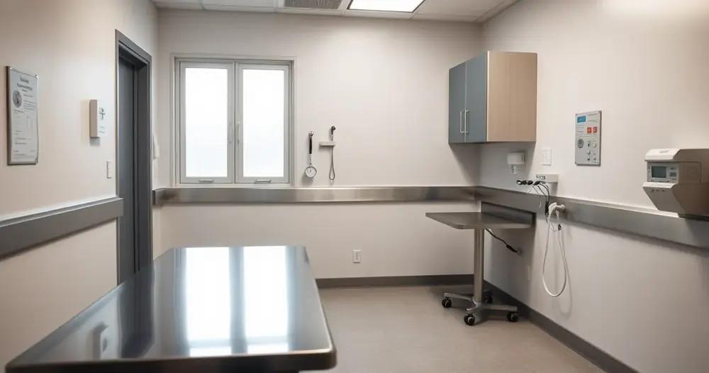Sala de exame veterinária vazia com mesa de aço inox e armário de parede