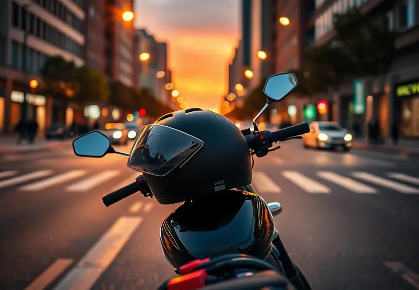 Capacete apoiado numa motocicleta estacionada em avenida ao anoitecer