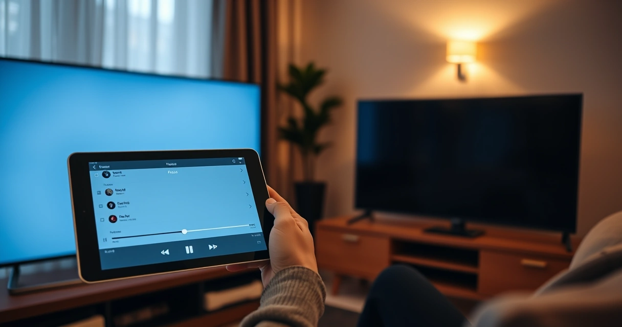 pessoa configurando player de vídeo em tablet ao lado da televisão