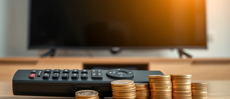 controle remoto e moedas sobre a mesa em frente à televisão