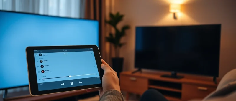 pessoa configurando player de vídeo em tablet ao lado da televisão